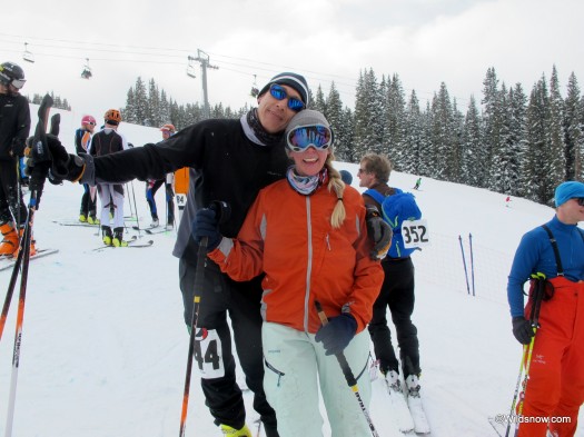 First time uphill ski racer Annelise Loevlie, ceo of Icelantic Skis, with Kim Miller.