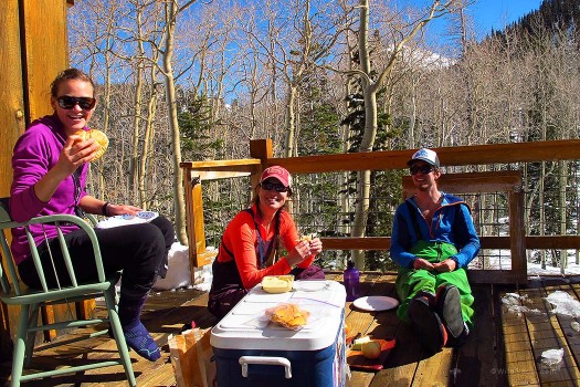 Après–ski on the deck, savoring Henry's special birthday sandwiches -- life cannot be better.