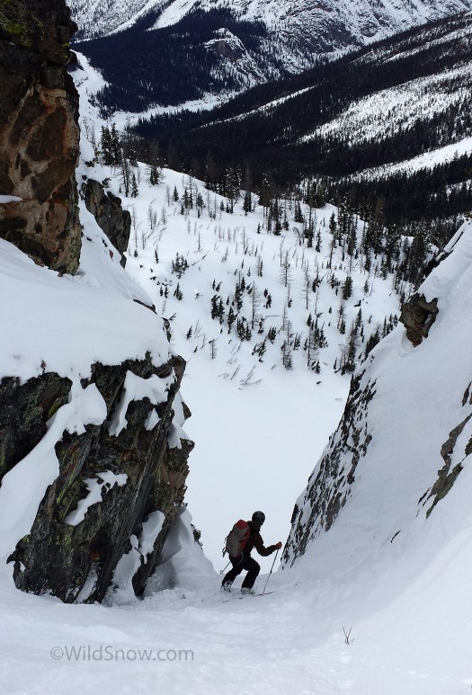 Skiing a tight chute on our last day on Washington Pass