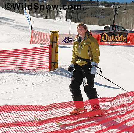 Polly McLean finishing her last lap after skiing up and down for 24 hours straight. She did twenty laps, 31,000 vertical feet for a women's world record. 