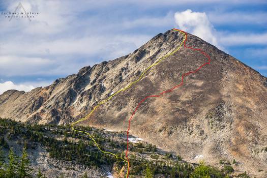 Osceola Peak from the SW and our routes up (red) and down (yellow)
