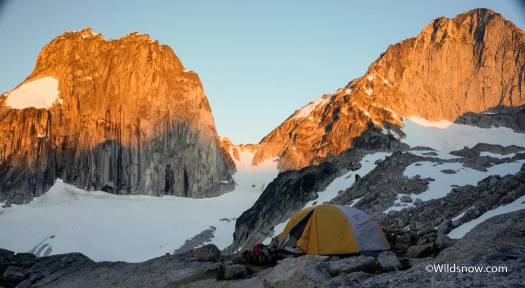 Our tent at AppleBee camp, below Snowpatch and Bugaboo spires.