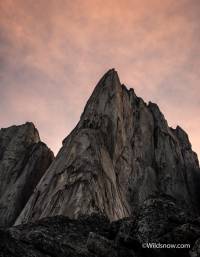 The imposing granite mass of South Howser tower, early morning in the Bugaboos.
