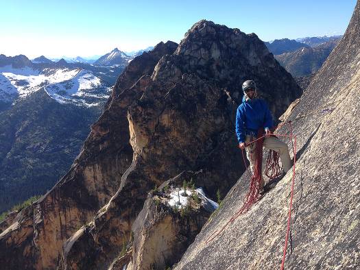 Belaying near the top of the West Face of North Early Winter Spire