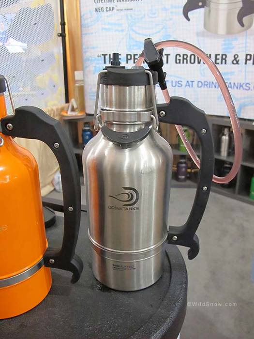 Drink Tanks makes 64 oz stainless steel growlers with double wall vacuum insulation designed not to sweat your favorite brew.