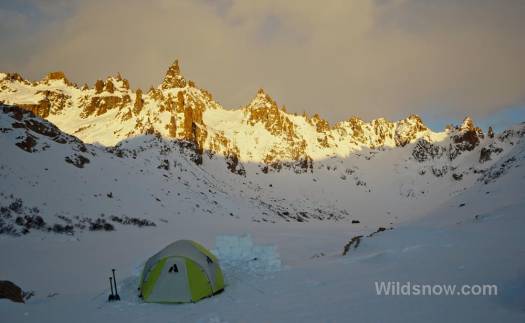 Our tent with the beautiful spires of Frey rising behind in morning light.