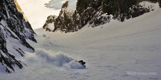 Cooper getting dry Andean pow in a kilometer long couloir in the Cajon De Maipo.