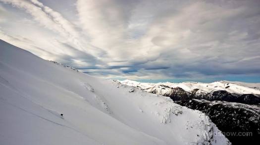 Skyler skiing stellar snow down the lower slopes of Cerro Madsen.