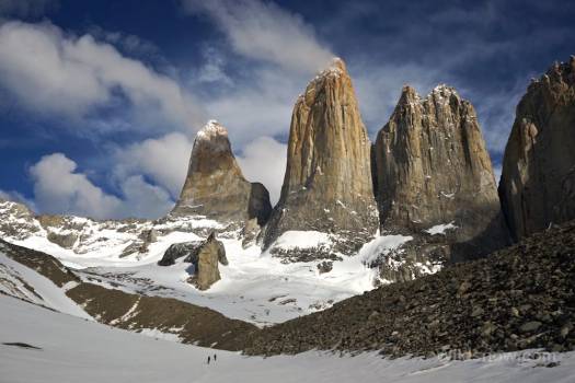 The classic view of the massive towers of Torres del Paine National Park in Chile. 