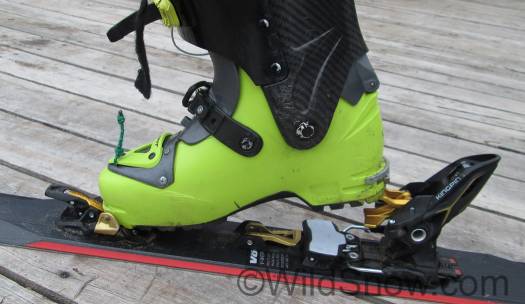 The King in full touring mode, lift engaged. Heel flat on ski is available and the two lifts heights are similar to most other tech bindings.