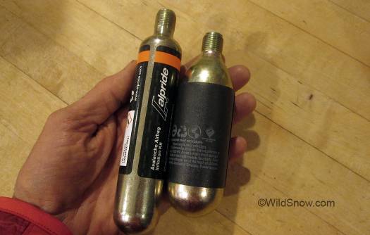 Alpride OEM 60 gram CO2 cartridge to left, aftermarket 80 gram to right. 
