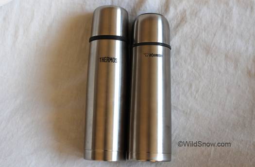Zojirushi 500 ml vacuum bottle, right, paired with Thermos brand 500 ml to left.