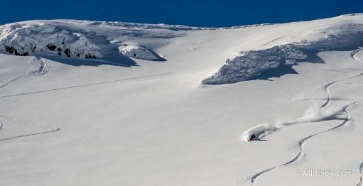 The snow in the crater was superb, not mega-deep by any means, but nice, dry, fast pow. It seems the crater protects itself fairly well from the wind.