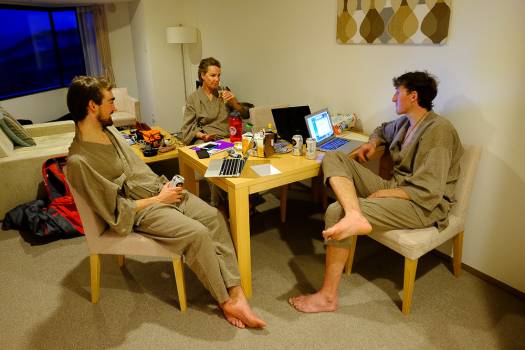 Hanging out post-Onsen in our hotel room, in awesome Japanese robes.