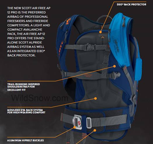 Scott AP12 Pro avalanche airbag backpack is a bit small for full-on backcountry skiing, but it'll work well for shorter tours, freeride, and that sort of thing. Very light.