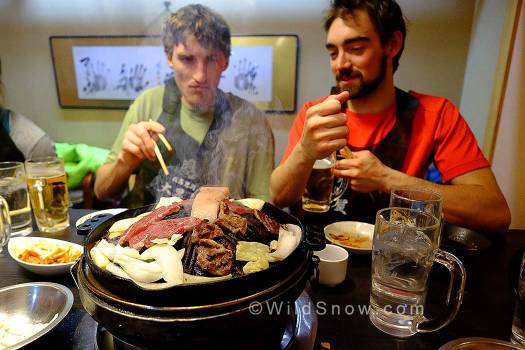 Louie & Hayden quite serious and strategic about their Genghis Khan BBQ! One of Hokkaido’s most popular dishes is Genghis Khan BBQ (Jingisukan), which consists of grilled mutton and vegetables grilled on domed iron plate, together with special Jingisukan sauce (unique to each shop).
