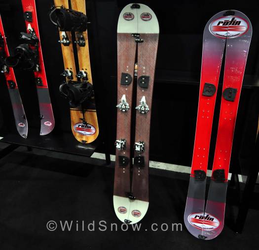 Rodin Split introduces a splitboard that can ski? Or skis that can snowboard? When split, each ski has sidecut on both edges. Dynafit bindings are used in ski mode, and Voile pucks are used in snowboard mode. Claimed to float well, despite the large gap.