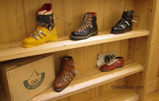 La Sportiva ski boots from the early days.  Yellow plastic boot was their only  injection molding product and was dropped in favor of  climbing  footwear.