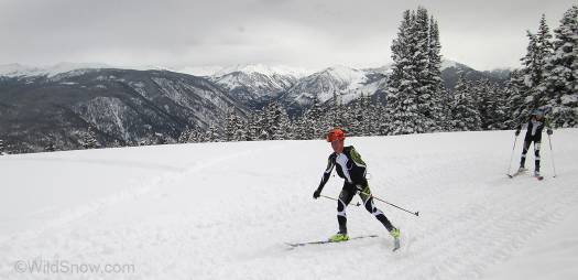 John Gaston (right) and Max Taam at the last high point in Audi Power of 4 skimo race on Richmond Ridge looking east at the Indpendence Pass region of Colorado.