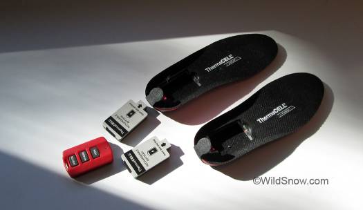Thermacell Proflex insoles with batteries removed, red remote control.