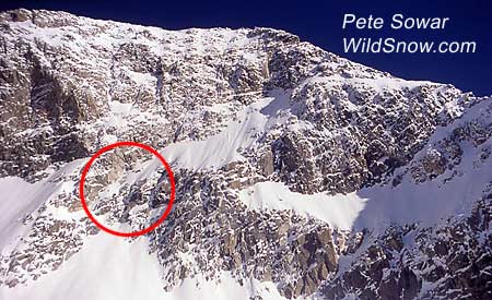 Detail of lower part of proposed route, first crux is circled. See tighter image below.