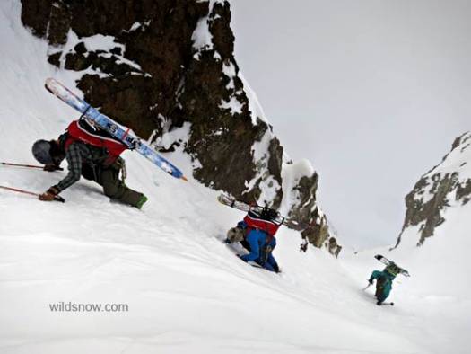 Booting up a short couloir, in one of many rolling white-outs last Sunday.