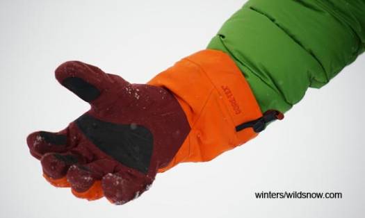 The Gore-Tex palm of the Lithic gloves. The burgundy fabric is the burly high-denier fabric, while the orange fabric is lighter weight Gore-Tex. The black patches are laminated reinforcement patches.