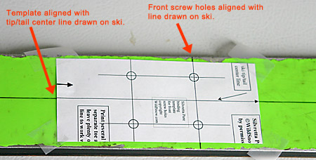Front portion of paper template on ski (template shown is not for 404). Template has been cut so it's slightly narrower than ski, but long enough to show plenty of the left/right center location line.