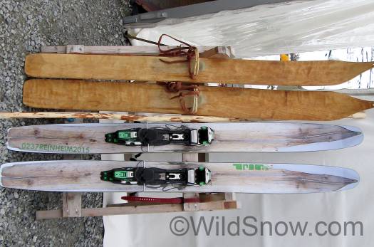 Replica skis at top, and the 'Prog' brand skis at the bottom with ancient dimensions as well as a graphic from one of Norways oldest discovered skis.
