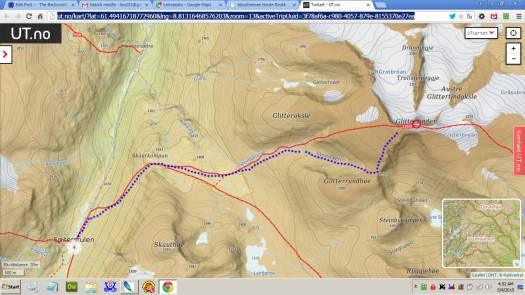 Glittertinden from Spiterstulen, our skiing route marked with purple dotted line.