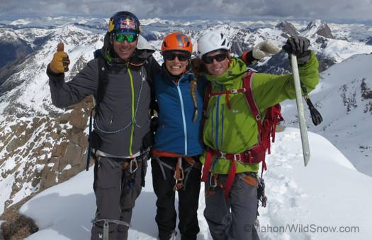 Centennial Skiers atop Jagged Peak,  (L to R) Chris Davenport, Christy Saur Mahon, Ted Mahon