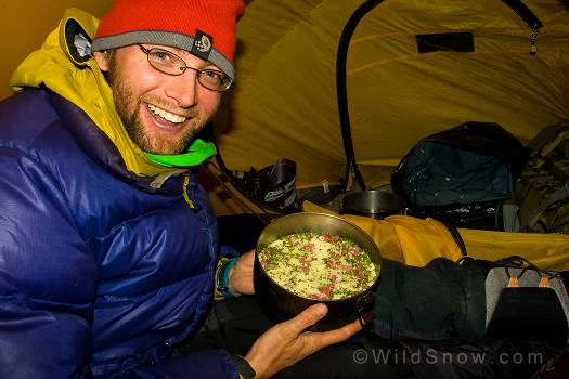 Thanksgiving Day dinner on Aconcagua, Argentina 2009.  Slightly different from the usual spread.