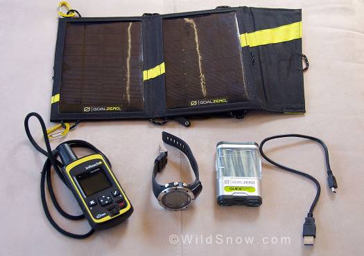 The Nomad 7 with (L to R) the InReach satellite communicator, Suunto Ambit 2 watch, and Guide 10 battery pack.