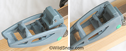 Heel latch/elevator detail. Unlatched position shown to left provides a nice heel-flat-on-ski mode that's good for touring low angled terrain. Photo to left shows the unit in latched position ready for downhill skiing. 