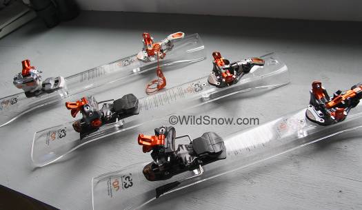 ION ski touring bindings for 2015-2016, left to right LT12, ION 10, ION 12. Note red toe springs on ION 10, and plastic heel unit top on models 10-12.