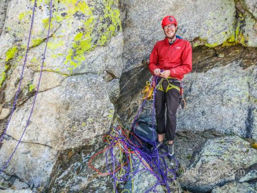 We were pretty excited to have gotten down this 70 meter rappel with our 60 meter rope. That pile of stuff is all the cords we tied to the rope to extend it. Adventure.