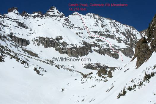East Face of Castle Peak with now classic route marked.