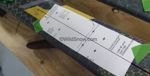 Template on ski, with hole positions matched up.
