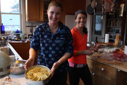 First, you fuel up. Julia and Laura in the pie production line.