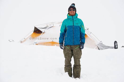 Don’t be distracted by the buried 10-foot tall tent. The Arcteryx Rush Shell and Stinger Bibs have been the fortification of choice for much of last winter.