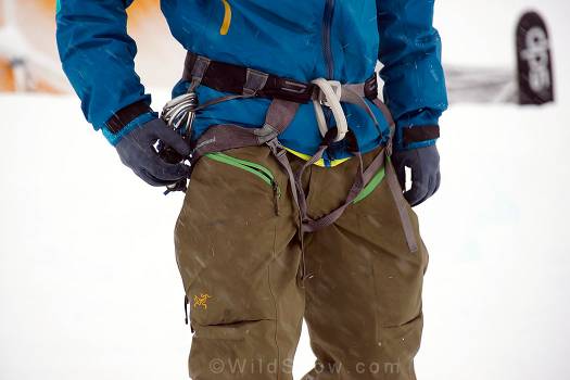 The large thigh pockets are a great feature for storing a beacon or bacon snacks, and the angled opening does not interfere with the use of a harness.