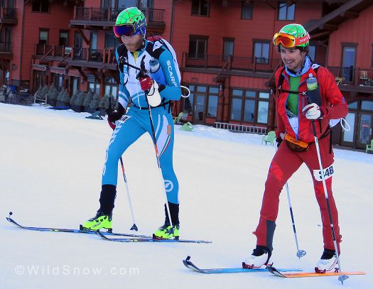 Jason Killgore and WildSnow guest blogger, Michael Arnold looking fresh as they head up the halfway point at Highlands.