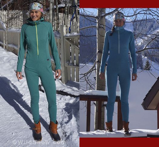 The current Women’s Capilene® Thermal Weight One Piece Suit in Arbor Green and the previous Women’s Capilene® 4 Expedition Weight One Piece Suit in Tabago Blue.