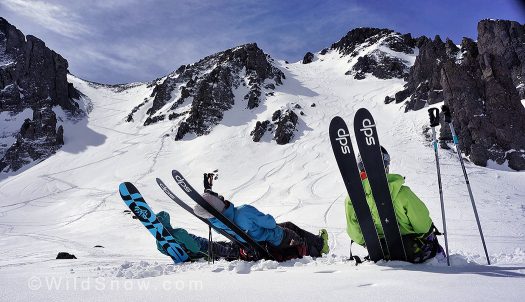 You know a fine pair of skis when it doubles as a good backrest! Reclining after skiing the Birthday Chutes near Telluride.