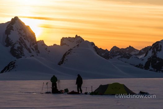 Settling in to the "sunset camp" on the upper Jacobsen Glacier. Our home for most of the trip.