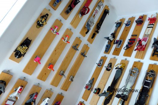 Ski touring bindings displayed on 1x4x24 inch simple planks.