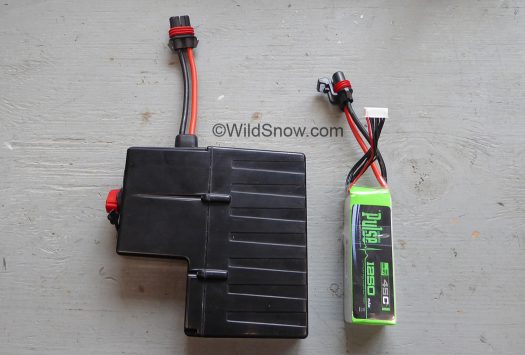 Arcteryx Voltair OEM battery to left, LiPo 1250 mAh 45C battery to right.