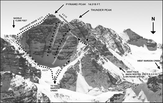 Pyramid Peak viewed from north, with our winter north face climbs marked.