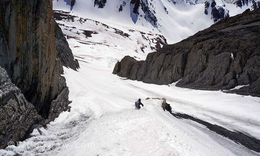 Arriving to the lower section of the couloir, Griffin finds another interesting snow feature to shralp.