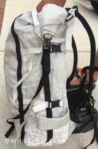 Side view of 3 compression straps, reinforced side with ski strap modification. You can also see the hip belt modification. These look like they will be good features for both day ski tours and longer expeditions.